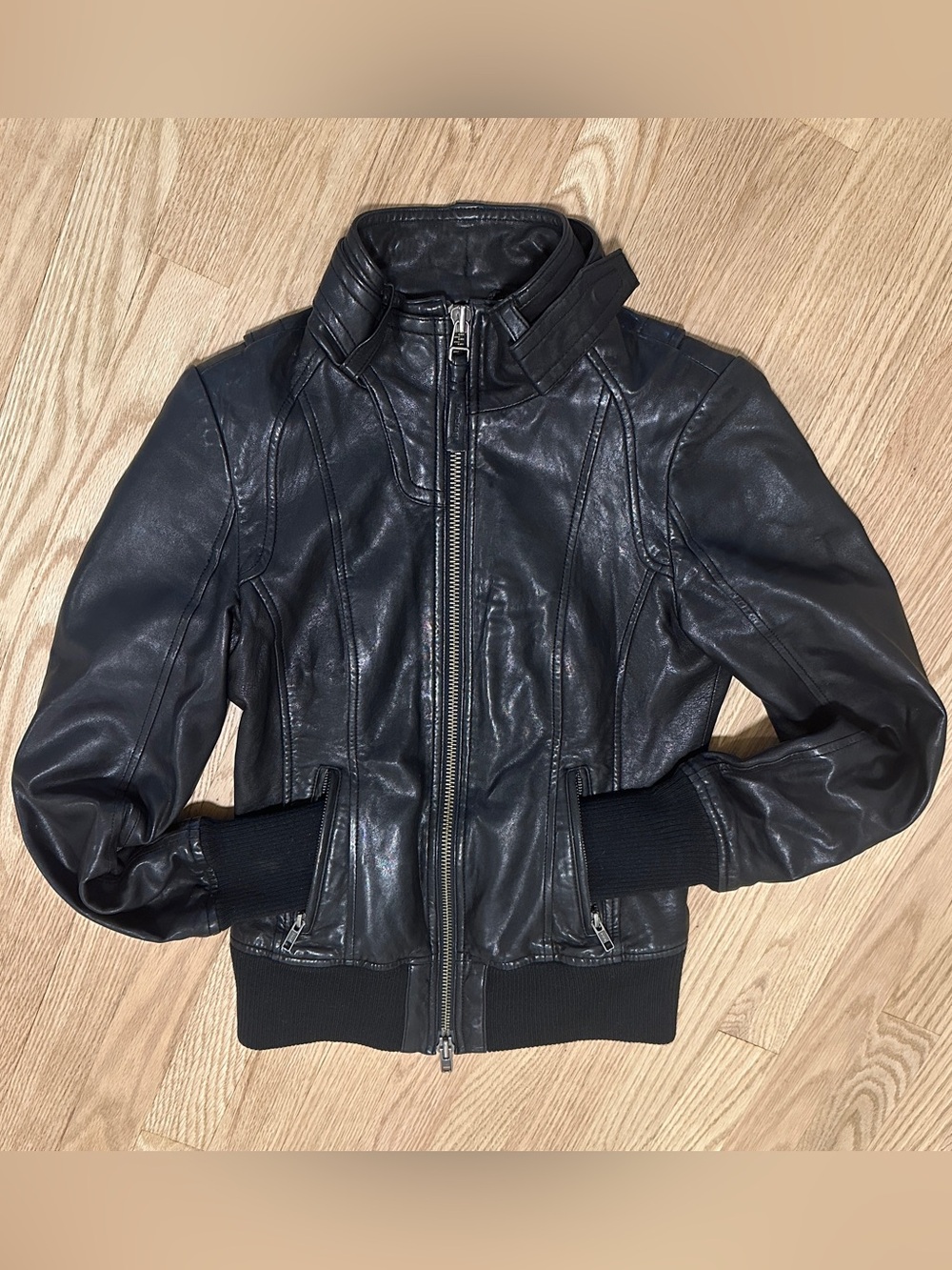 Mackage/Aritzia Black Leather Bomber Jacket with Ribbed Hem